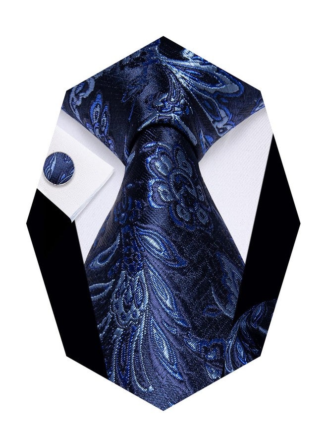 YourTies Paisley Tie Sets Floral Necktie Handkerchief Cufflinks Set Silk Woven Ties Business Wedding Party, A Navy Blue Floral, M - Image 1