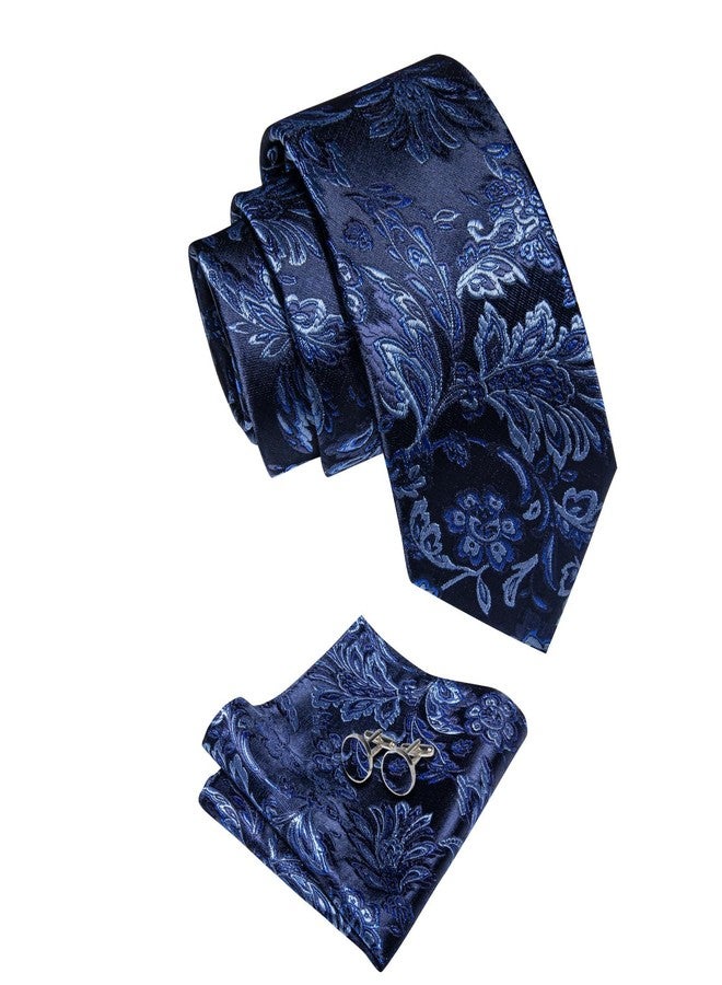 YourTies Paisley Tie Sets Floral Necktie Handkerchief Cufflinks Set Silk Woven Ties Business Wedding Party, A Navy Blue Floral, M - Image 2