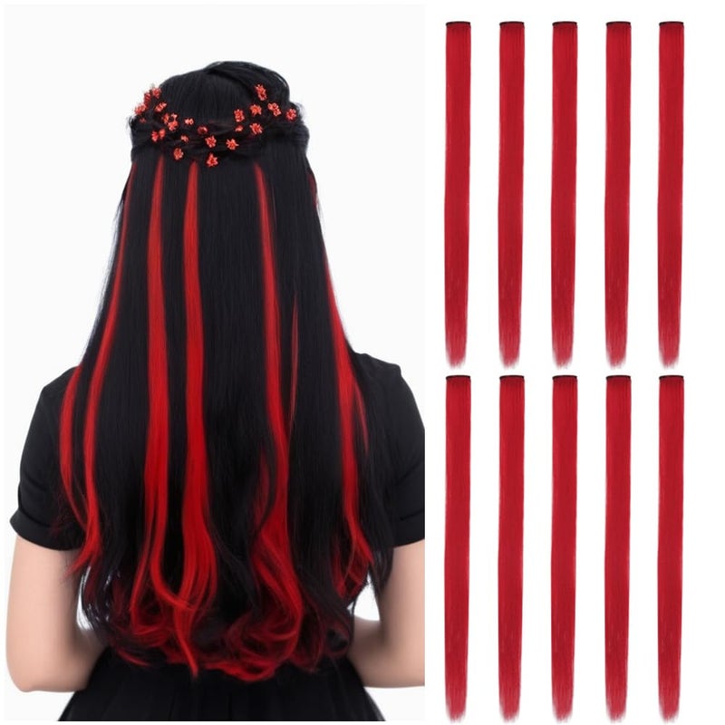 10 Pcs Hair Extensions Clip in Colored Hair Extensions Straight Hairpiece Synthetic Clip in Hairpieces for Women Girls Kids Party Highlights Red
