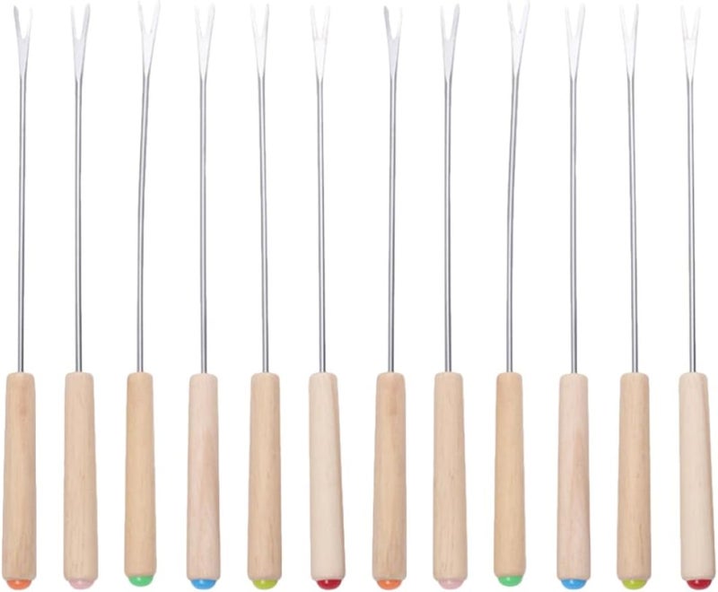 12Pcs Stainless Steel Fondue Forks Set with Heat-Resistant Wooden Handles, 9.43-Inch Cheese and Fruit Dipping Sticks for Chocolate Fountain and Dessert Serving - Image 1