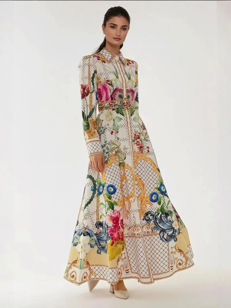 زوبعة فستان ماكسي طويل الأكمام مطبوع بحزام