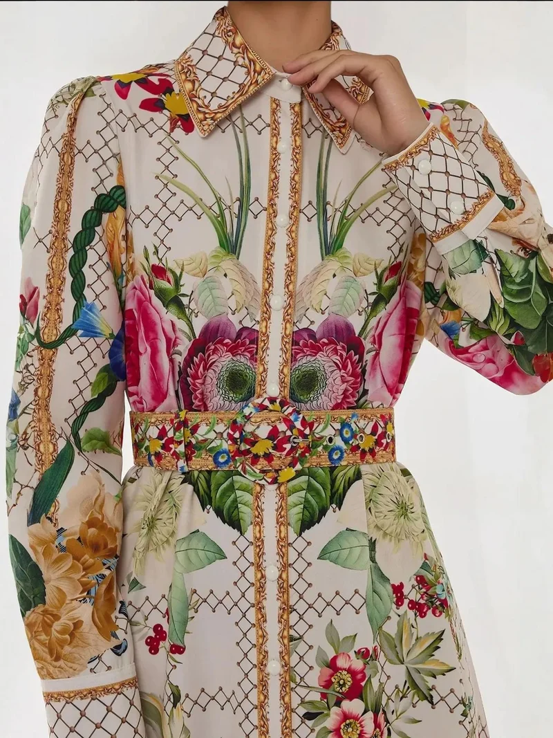 زوبعة فستان ماكسي طويل الأكمام مطبوع بحزام