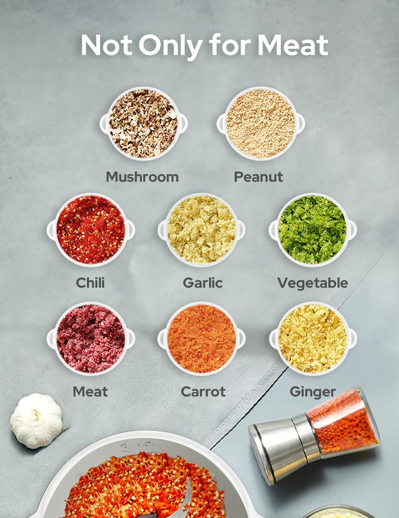 UN1QUE Electirc Chopper for Kicthen, Meat Grinders, 2 Speed Modes, One Touch Operation, 304 Stainless Steel Bowl Food Processor with Egg Whisk & Egg Beater, for Vegetables, Meat, Onion, Garlic, Mince - Image 4