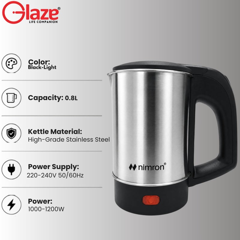 nimron Electric Kettle 800ml Stainless Steel Portable Water Boiler 1000W Fast Boil with Auto Shut-Off, Dry Boil Protection, Food Grade Interior, Compact Tea Coffee Kettle for Home Office Travel, NR192EK, Silver/Black - Image 3