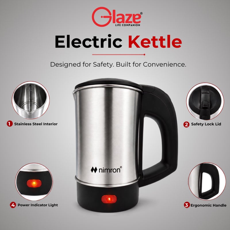 nimron Electric Kettle 800ml Stainless Steel Portable Water Boiler 1000W Fast Boil with Auto Shut-Off, Dry Boil Protection, Food Grade Interior, Compact Tea Coffee Kettle for Home Office Travel, NR192EK, Silver/Black - Image 5