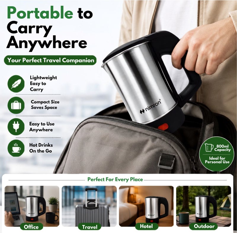 nimron Electric Kettle 800ml Stainless Steel Portable Water Boiler 1000W Fast Boil with Auto Shut-Off, Dry Boil Protection, Food Grade Interior, Compact Tea Coffee Kettle for Home Office Travel, NR192EK, Silver/Black - Image 2