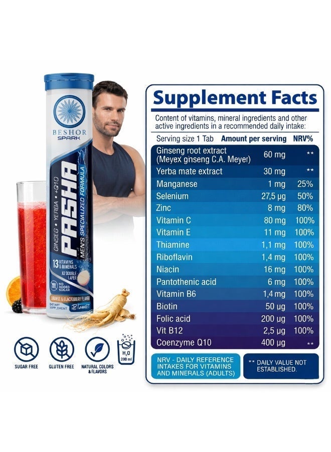 BESHOR Pasha – Multivitamin Effervescent with Ginseng for Men, 4 pack (80 Tablets), Orange & Berry Flavor, Sugar-Free - Image 2