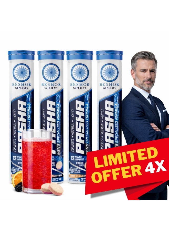 BESHOR Pasha – Multivitamin Effervescent with Ginseng for Men, 4 pack (80 Tablets), Orange & Berry Flavor, Sugar-Free - Image 1