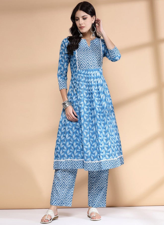 LARGISH Floral Printed Notch Neck Cotton Box Pleated A-Line Kurta With Trousers - Image 1