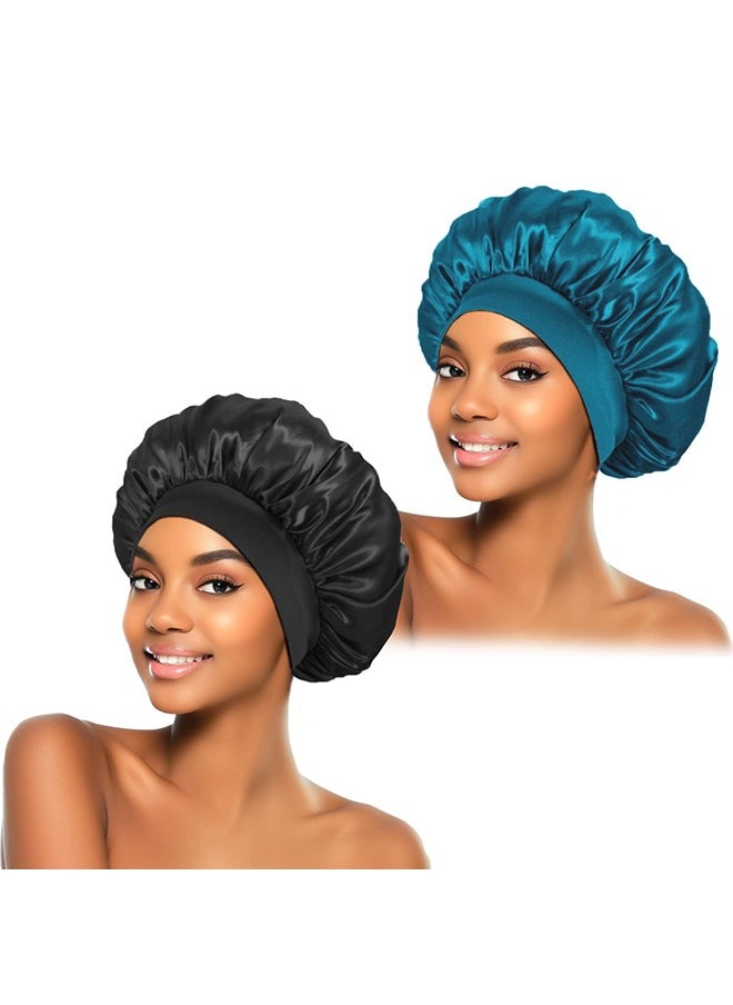 TTESL 2Pcs Silk Bonnet for Sleeping, Satin Hair Bonnets, Soft Elastic Band Silk Sleep Cap, Hair Wrap for Women(Black&Light bluee)  - Image 1