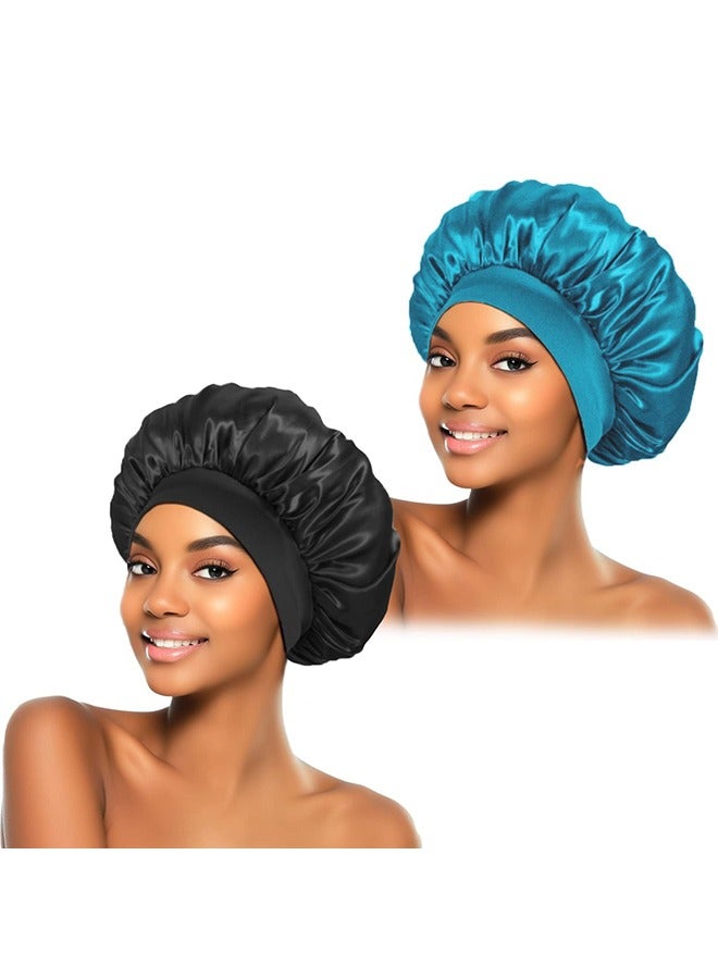 تِلْسِل غطاء حريري للنوم، غطاء شعر لامع، غطاء نوم من الحرير المرن، غلاف شعر للنساء (أسود وأزرق فاتح) - Image 1
