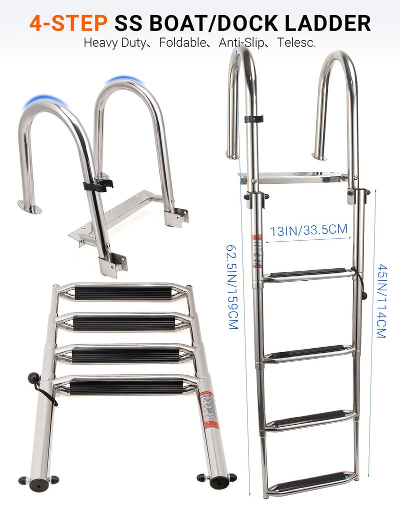 Mojiate 4-Step Stainless Steel Telescoping Dock Ladder for Pontoon Boats - Heavy Duty 600lbs Capacity, Foldable Rear Entry Swim Ladder with Wide Anti-Slip Pedals & Handrails - Image 2