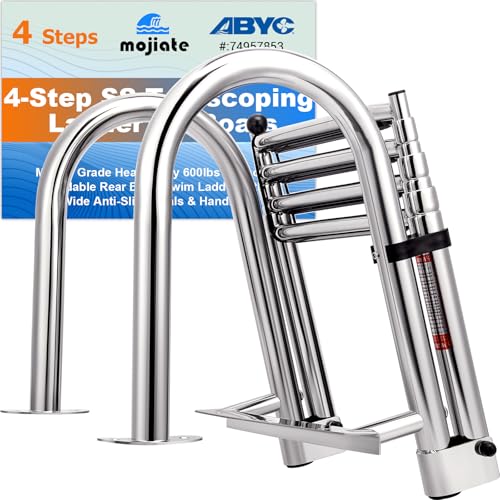Mojiate 4-Step Stainless Steel Telescoping Dock Ladder for Pontoon Boats - Heavy Duty 600lbs Capacity, Foldable Rear Entry Swim Ladder with Wide Anti-Slip Pedals & Handrails - Image 1