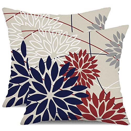 DFXSZ 4th of July Pillow Covers 18x18 Inch Set of 2 Patriotic Blue Red Floral Outdoor Waterproof Decorative Throw Pillows Polyester Cushion Case Decor for Patio Funiture Garden Couch 01H18