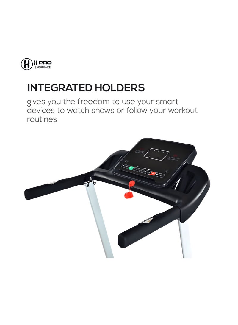 أتش برو جهاز مشي قابل للطي إتش برو HM797 مزوّد بمحرك تيار مستمر (DC) بقوة قصوى ٣٫٥ حصان، بسرعة تصل إلى ١٤ كم/س، وقدرة تحمّل ١١٠ كجم، مع شاشة عرض LCD، مناسب للاستخدام في الجيم المنزلي. - Image 2