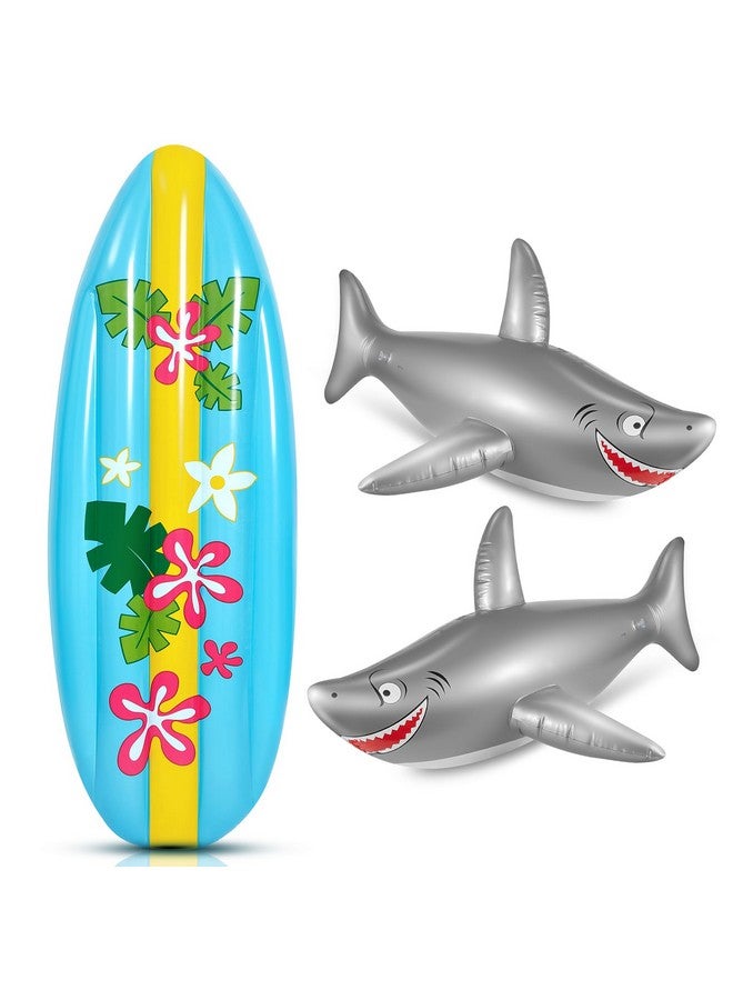 Cunhill 3 Pcs Inflatable Surf Board And Shark Luau Decoration Include 2 Pcs 38.9 In Shark Pool Toy And 60 In Inflatable Surfboard Decor Shark Party Decorations For Adults Boys Girls Surf Beach Party - Image 1