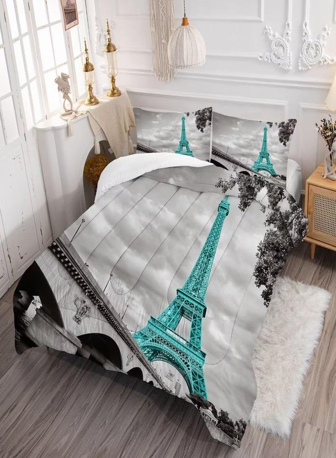kxry Paris Comforter Set Grey Eiffel Tower Quilt Bedding Queen Size French Style Red Umbrella for Women Girls 1 Comforter + 2 Pillow Cases - Image 3