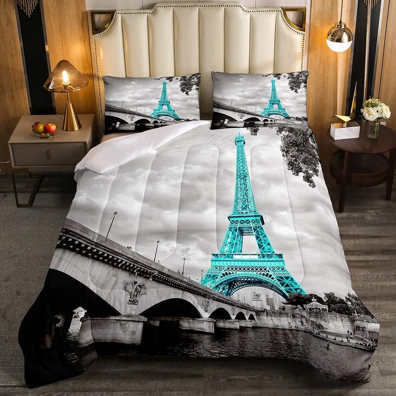 kxry Paris Comforter Set Grey Eiffel Tower Quilt Bedding Queen Size French Style Red Umbrella for Women Girls 1 Comforter + 2 Pillow Cases - Image 1