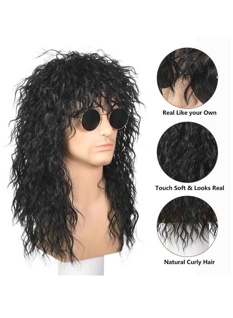SYOSI 80s Rocker Wig Black Long Curly For Men And Women Mullet Costume Party Hal loween Cosplay Synthetic Black - Image 5