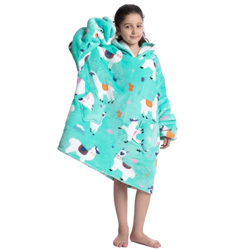 DESERT HOME Deserthome Wearable Blanket Hoodie for Kids 6-12YR Oversized Animal Hooded Blanket Super Soft Comfortable Warm Flannel Green Alpaca - Image 2