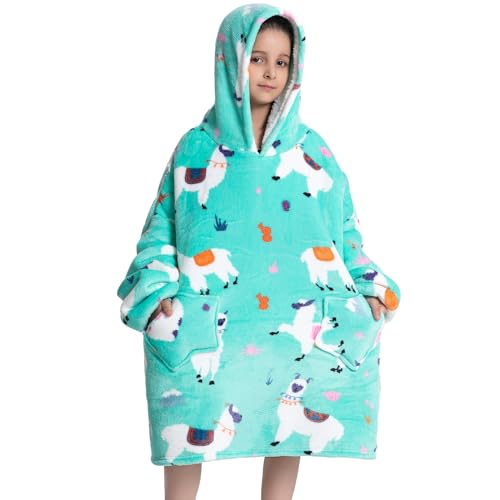 DESERT HOME Deserthome Wearable Blanket Hoodie for Kids 6-12YR Oversized Animal Hooded Blanket Super Soft Comfortable Warm Flannel Green Alpaca - Image 1