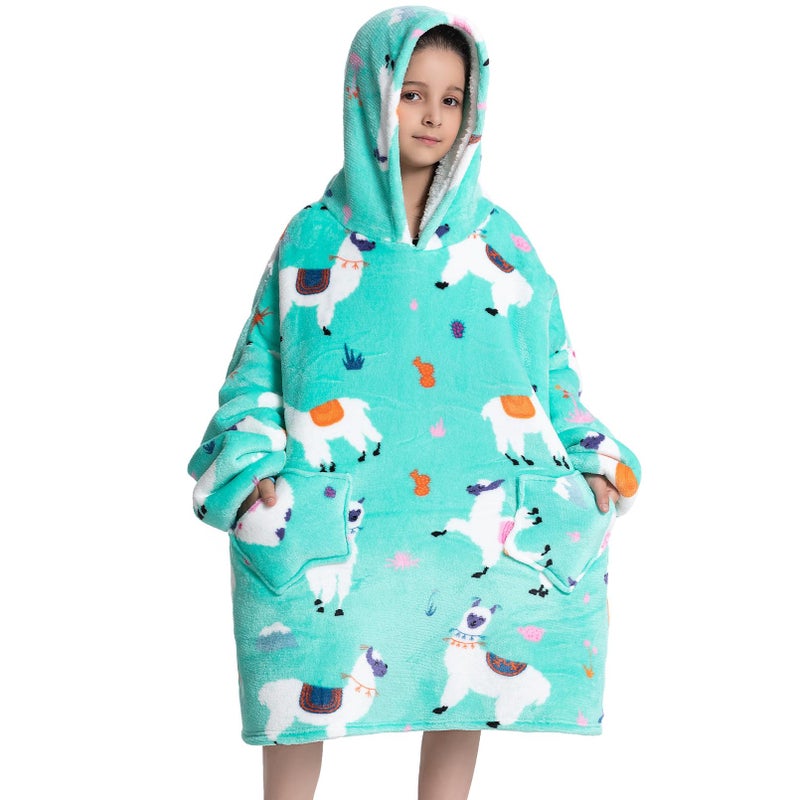 DESERT HOME Deserthome Wearable Blanket Hoodie for Kids 6-12YR Oversized Animal Hooded Blanket Super Soft Comfortable Warm Flannel Green Alpaca - Image 5