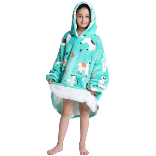 DESERT HOME Deserthome Wearable Blanket Hoodie for Kids 6-12YR Oversized Animal Hooded Blanket Super Soft Comfortable Warm Flannel Green Alpaca - Image 3
