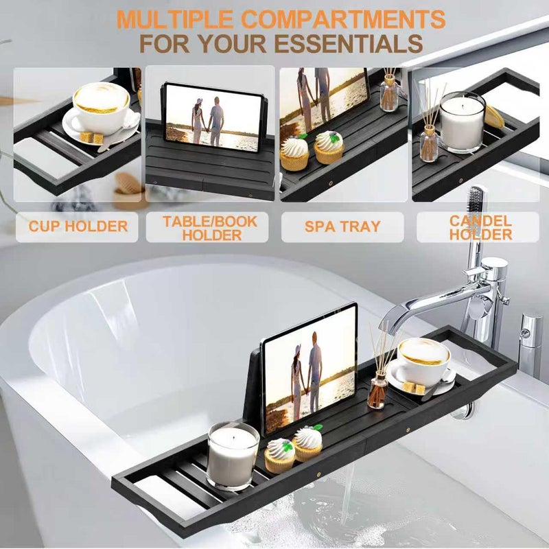 Teakhzct Bathtub Tray Caddy Black - Bath Tray Black - Bath Tub Table Tray Caddy - Bamboo Bath Tray for Tub - Image 5