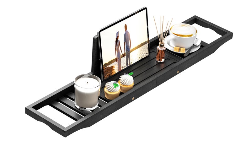 Teakhzct Bathtub Tray Caddy Black - Bath Tray Black - Bath Tub Table Tray Caddy - Bamboo Bath Tray for Tub - Image 1