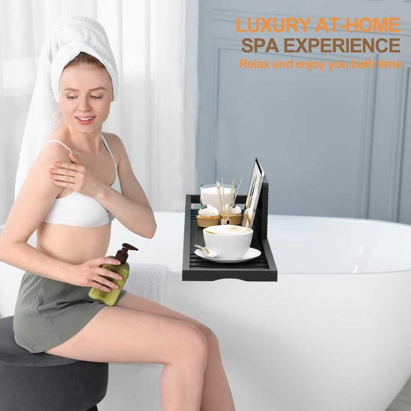 Teakhzct Bathtub Tray Caddy Black - Bath Tray Black - Bath Tub Table Tray Caddy - Bamboo Bath Tray for Tub - Image 4