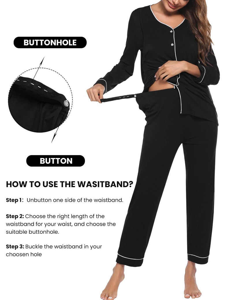 Ekouaer Maternity Pajama Set Button Down Nursing Pajamas Long Sleeve Breastfeeding Loungewear with Adjustable Pants Black - Image 4