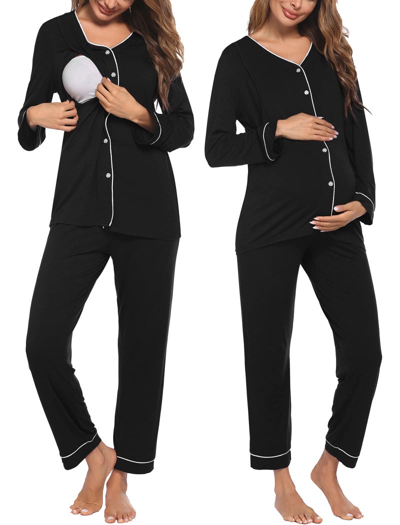 Ekouaer Maternity Pajama Set Button Down Nursing Pajamas Long Sleeve Breastfeeding Loungewear with Adjustable Pants Black - Image 5