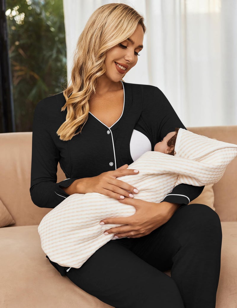 Ekouaer Maternity Pajama Set Button Down Nursing Pajamas Long Sleeve Breastfeeding Loungewear with Adjustable Pants Black - Image 2