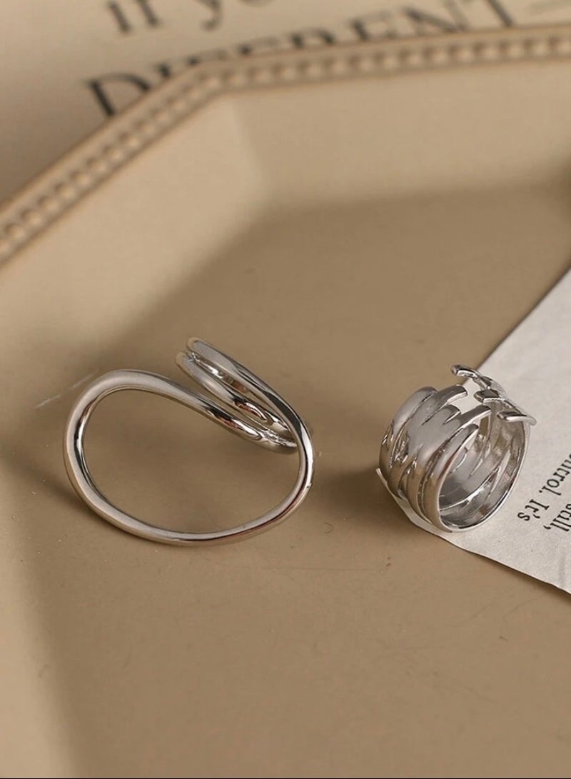 إيكوال خاتم نسائي ترندي مكون من قطعتين باللون الفضي بمقاس موحد - Image 2