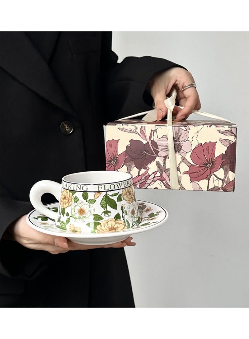 Aikanbo Ceramic Coffee Cup and Saucer Gift Box Set，Vintage Floral Design，Perfect for Espresso，Tea or Coffee Lovers， Gift Boxed for Home，Office or Special Occasion (Peony) - Image 1