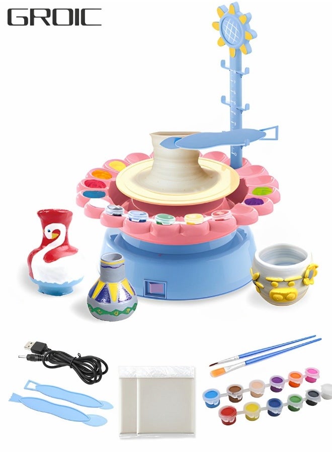 GROIC - Sunflower Pottery Wheel Art Crafts,Kids Pottery Wheel Kit and Painting Kit for Beginners with Sculpting Clay,Air Dry Natural Clay,Modelling Clay Kit for Kids DIY Pottery,Kids' Handmade Toys - Image 1