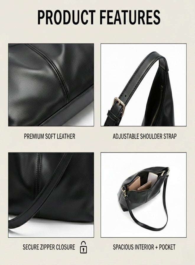 Kraptick Women’s Pure Hobo Handbag - Stylish PU Leather Shoulder Bag for Women Large Capacity Ladies Purse Minimalist Fashion Handbag for Office, Travel, Shopping & Daily Use (Black) - Image 4
