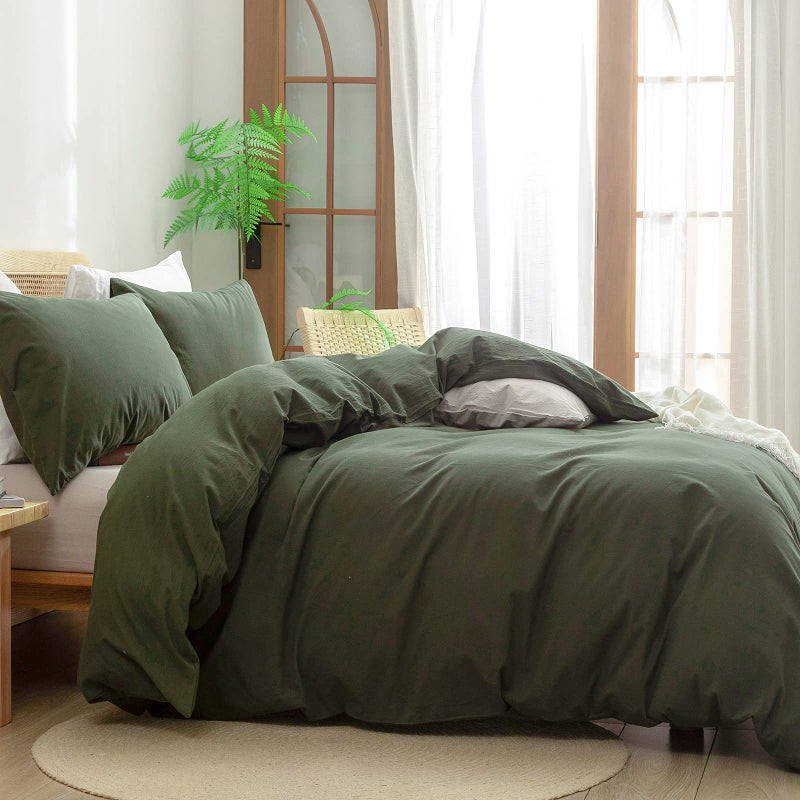 BESTOUCH Duvet Cover Set 100% Washed Cotton Linen Feel Super Soft Comfortable Chic Lightweight 3 PCs Home Bedding Set Solid Olive Green Super King Plus - Image 3