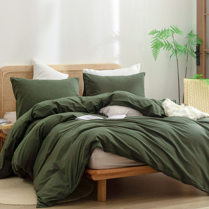 BESTOUCH Duvet Cover Set 100% Washed Cotton Linen Feel Super Soft Comfortable Chic Lightweight 3 PCs Home Bedding Set Solid Olive Green Super King Plus - Image 4