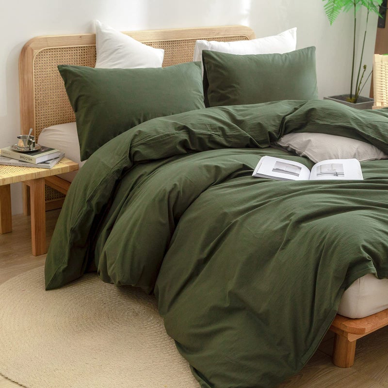 BESTOUCH Duvet Cover Set 100% Washed Cotton Linen Feel Super Soft Comfortable Chic Lightweight 3 PCs Home Bedding Set Solid Olive Green Super King Plus - Image 5