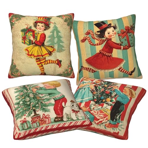 Worltoldb Throw Pillow Covers Set of 4 Winter Xmas Decorative Soft Linen Fabric Square Cushion Case for Room Bedroom Sofa Car 18x18 Retro Chrismas 18 18 - Image 3