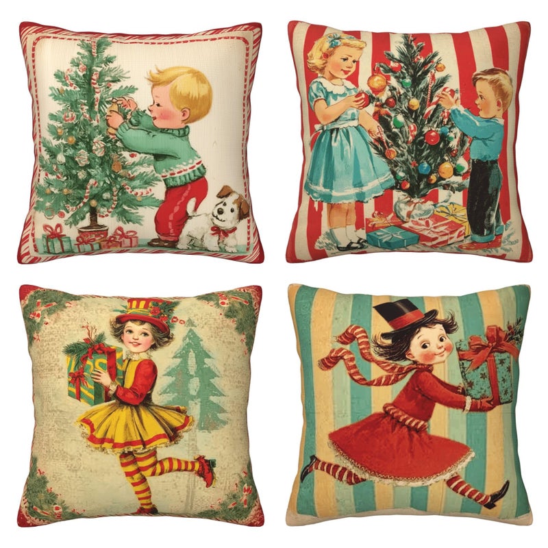Worltoldb Throw Pillow Covers Set of 4 Winter Xmas Decorative Soft Linen Fabric Square Cushion Case for Room Bedroom Sofa Car 18x18 Retro Chrismas 18 18 - Image 2