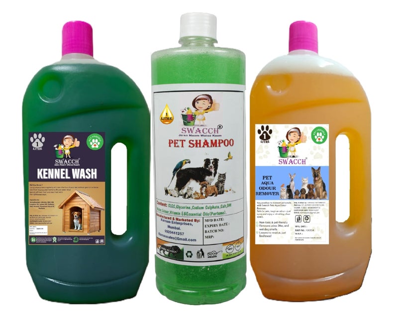 swacch Kennel Wash (Jasmine) + Pet Shampoo (Neem Alovera) I Pet Aqua Odour Remover (Orange) 1 Litre Combo Pack of 3 Economical Pack I Dog and Cat Friendly - Image 1