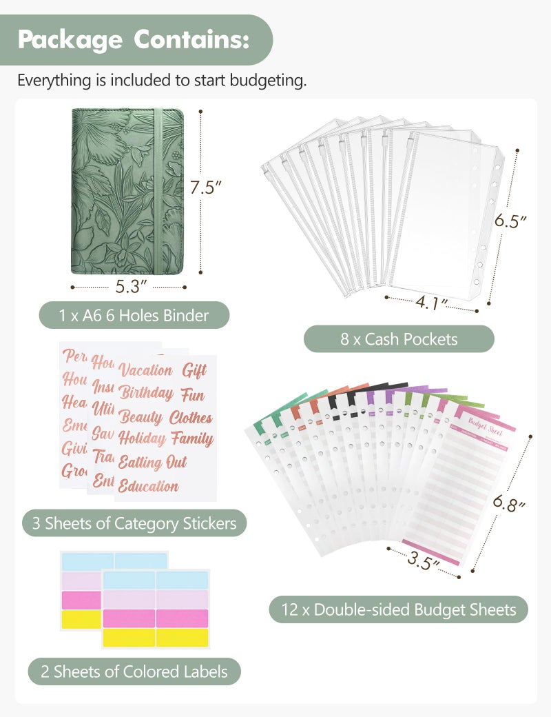 Zreal A6 Budget Binder for Money Saving, PU Leather Budget Planner with 8 Cash Envelopes, Budget Sheets & Rose Gold Category Stickers, Money Organizer for Cash (Green Embossed Floral) - Image 2