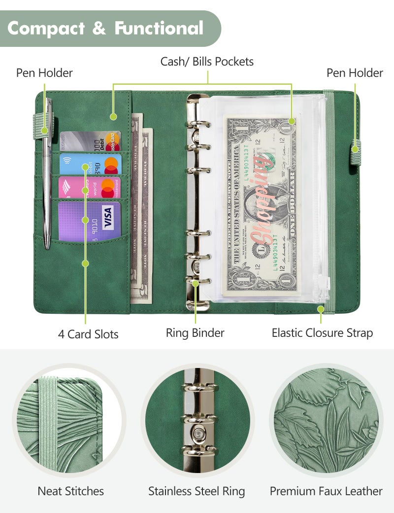 Zreal A6 Budget Binder for Money Saving, PU Leather Budget Planner with 8 Cash Envelopes, Budget Sheets & Rose Gold Category Stickers, Money Organizer for Cash (Green Embossed Floral) - Image 3
