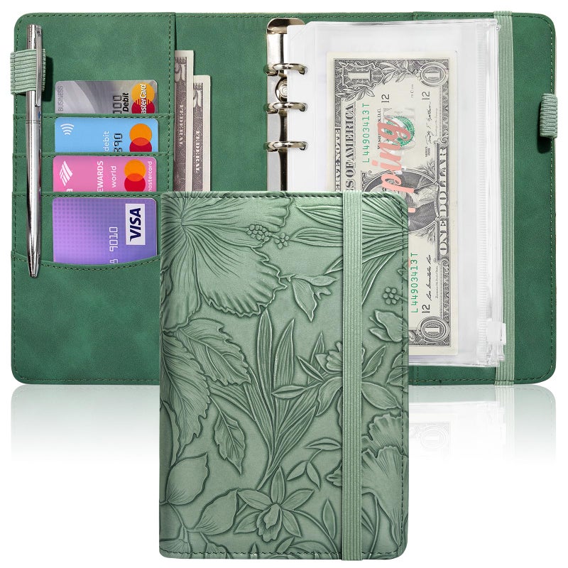 Zreal A6 Budget Binder for Money Saving, PU Leather Budget Planner with 8 Cash Envelopes, Budget Sheets & Rose Gold Category Stickers, Money Organizer for Cash (Green Embossed Floral) - Image 1