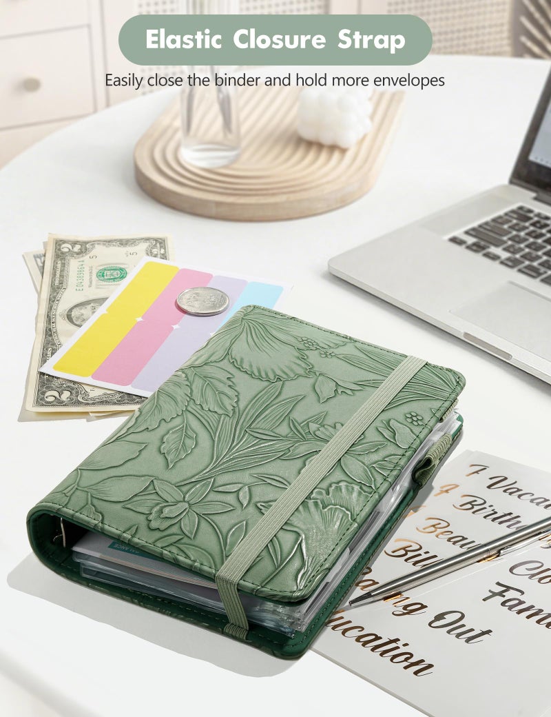 Zreal A6 Budget Binder for Money Saving, PU Leather Budget Planner with 8 Cash Envelopes, Budget Sheets & Rose Gold Category Stickers, Money Organizer for Cash (Green Embossed Floral) - Image 5