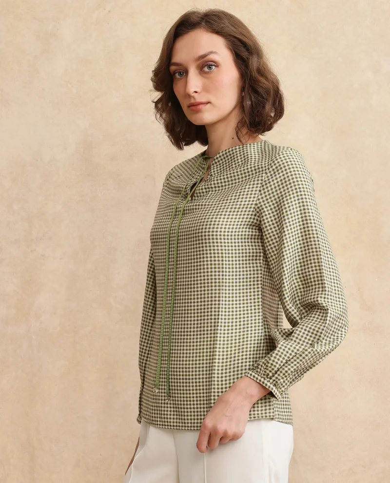 Rareism Women's Bishop Sleeve Flannel Print Top