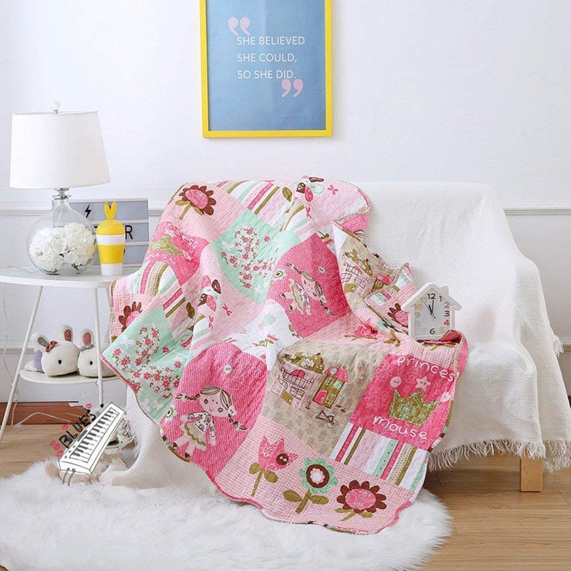 ABREEZE Cotton Coverlet Quilt Bedspread Girls Throw Blanket 43" X 51" Toddlers and Baby Quilt Nursery Bed Blanket Princess Rose Red Nursery Quilted Blanket - Image 2