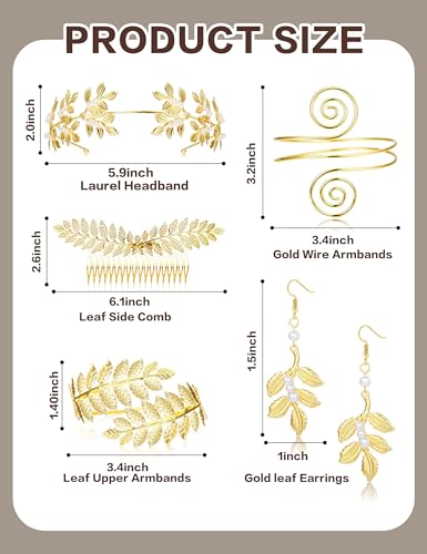 LOYALLOOK 5Sets Grecian Goddess Costume Accessories Set Greek Leaf Headband Coil Bracelet Artificial Pearl Earrings Golden Leaves Bridal Hair Comb for Women Wedding Party - Image 2